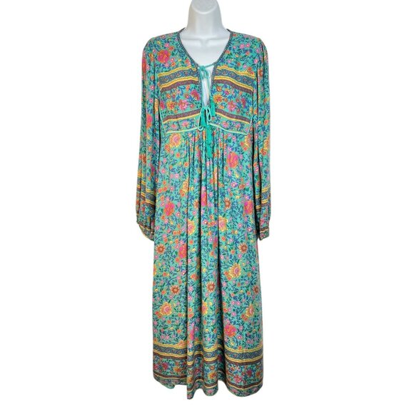 SPELL Folk Town Boho Midi Dress Turquoise Floral Long Sleeve RARE Small - Picture 9 of 16